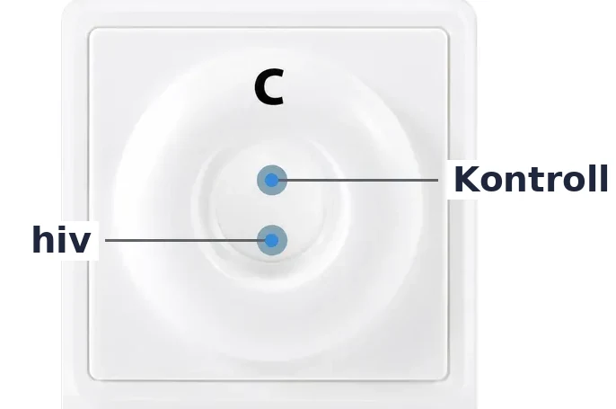 Close-up of the INSTI test result window with the control (C) and HIV dots labelled